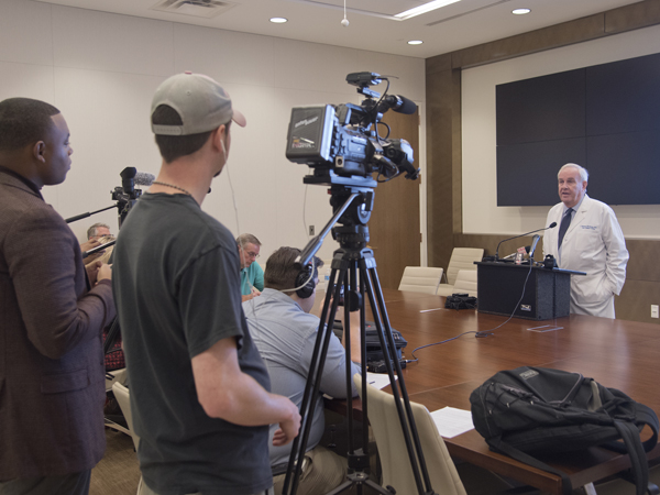 Henderson speaks to news media about the Medical Center's patient safety scores.