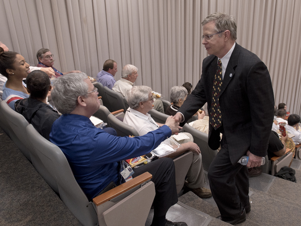 Prior to the meeting, Vitter mingles with faculty, including Dr. Stephen Kemp, professor of medicine and pediatrics.