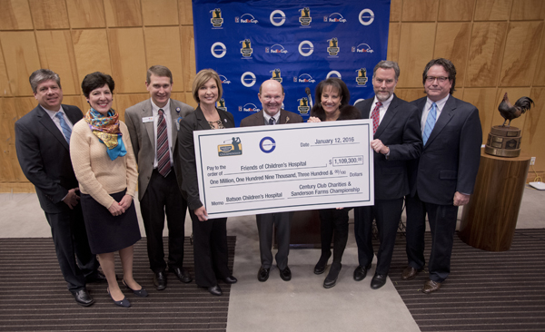 Celebrating a record-setting donation of $1.109 million from Century Club Charities to Friends of Children's Hospital are, from left, Sanderson Farms Championship executive director Steve Jent; Dr. Renate Savich, chief of the Division of Newborn Medicine at UMMC; Guy Giesecke, CEO of Children's of Mississippi; Dr. LouAnn Woodward, vice chancellor for health affairs and dean of the School of Medicine; Sanderson Farms CEO and board chairman Joe F. Sanderson Jr.; Sara Ray, board chairman of Friends of Children's Hospital; Dr. Rick Barr, Suzan B. Thames Professor and chair of pediatrics; and Century Club president Peter Marks.