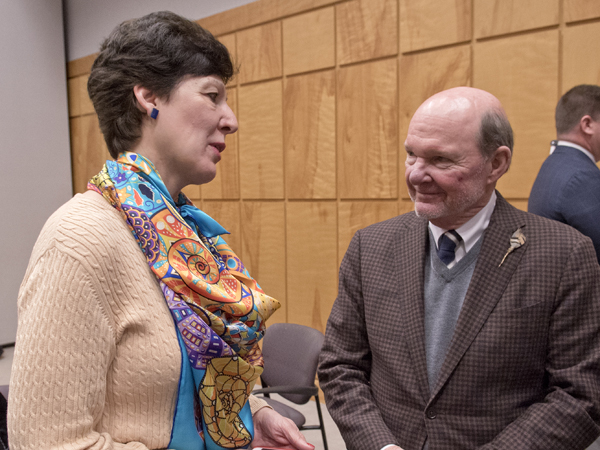 Dr. Renate Savich, chief of the Division of Newborn Medicine at UMMC, thanks Sanderson Farms CEO and board chairman Joe F. Sanderson Jr. for his company's support of Friends of Children's Hospital.