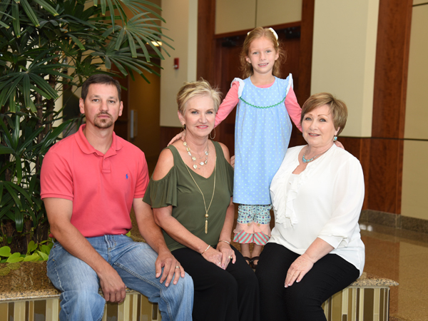 Shoemake-Patterson's family meets for lunch during a recent visit to Jackson. From left are Jason Patterson, his mom Kay Patterson, Grace Patterson and June Alford, Shoemake-Patterson's mom.