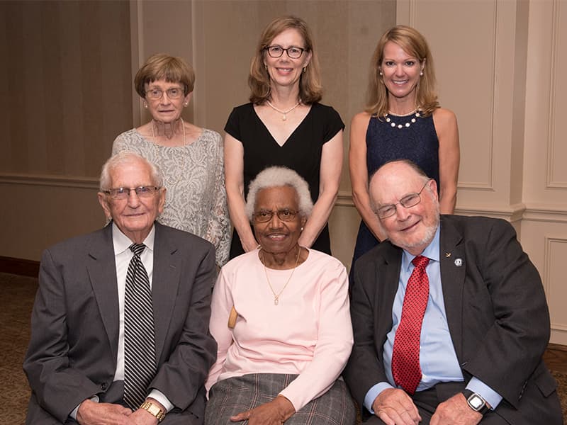 Those recognized at the UMMC Medical Alumni and Friends Awards Dinner, are, from left, front row, Hall of Fame honorees Dr. Paul H. Moore Sr., Dr. Helen Barnes and Dr. John D. Bower; back row, from left,  are Hall of Fame inductee Dr. Jeanette Pullen; Dr. Mary Currier, the 2017 Distinguished Medical Alumnus Award recipient; and Dr. Gayle Watters, who accepted the Hall of Fame Award on behalf of her late mother Dr. Connie McCaa.