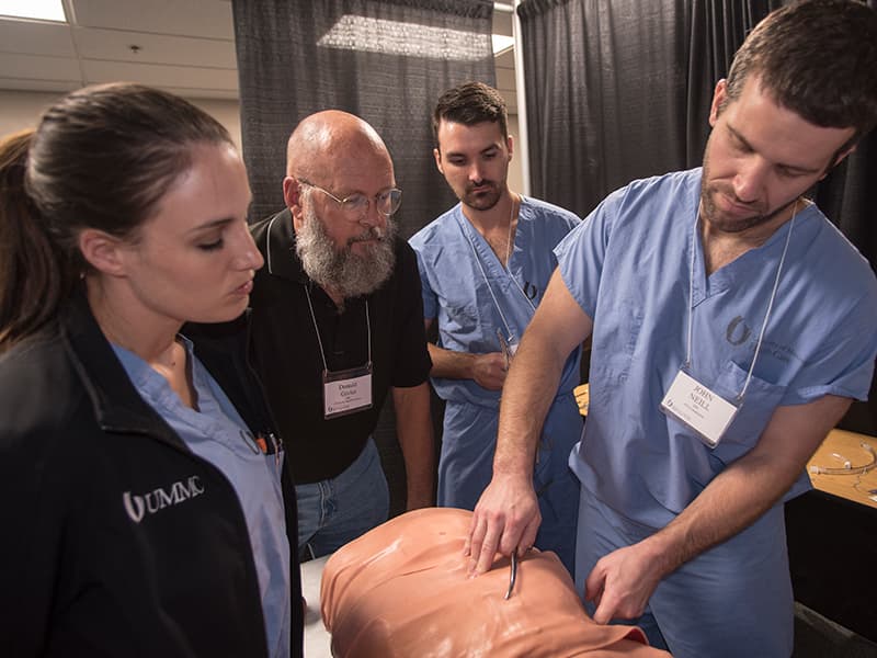 Taking part in recent Advanced Trauma Life Support training at the Medical Center are, from left, Dr. Tara Lewis, an emergency medicine resident; Dr. Donald Givler of E.A. Conway Hospital in Monroe, La.; Dr. Colton Lott, a surgery resident; and Dr. John Neill, a surgery resident and ATLS instructor.