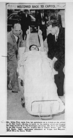 In this newspaper clipping from 1950, Rep. Zelma Price is shown arriving on a stretcher at the State Capiol, where she cast her history-making vote.