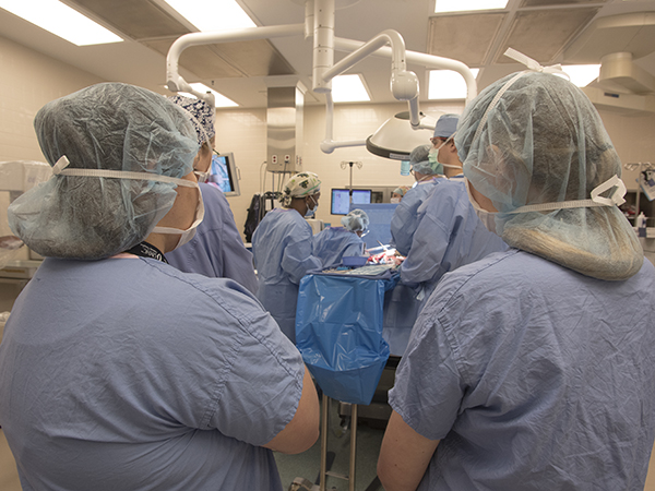In foreground, Howell, left, and Blaylock observe a gallbladder surgery.