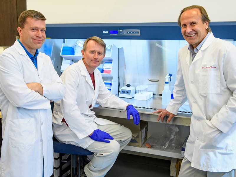 Nirmal Pugh, left, Colin Jackson and David Pasco gather in Pasco’s lab in the National Center for Natural Products Research on the University of Mississippi’s Oxford campus. Jackson, an associate professor of biology, worked with Pasco and Pugh on their study of the role of bacteria in echinacea’s immune-enhancing properties. Photo by Robert Jordan/Ole Miss Communications