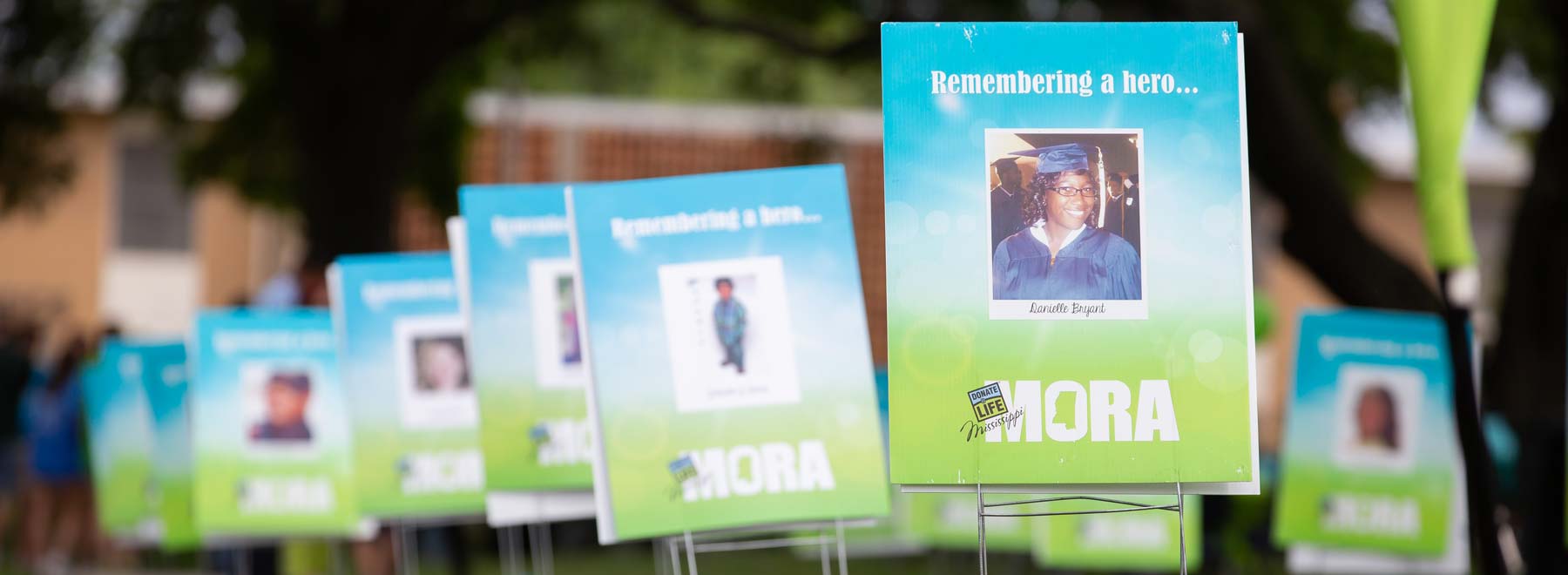 signs picturing organ donors line the sidewalk