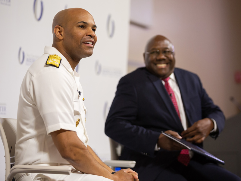 Adams and Dr. Claude Brunson, UMMC senior adviser to the vice chancellor for external affairs, have a conversation during Adams' visit Thursday at the Medical Center.