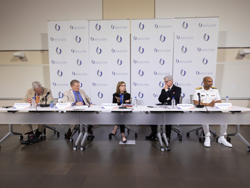 Panelists addressing the opioid epidemic include, from left, Dr. Randy Easterling, Marshall Fisher, Dr. Mary Currier, Gov. Bryant and Adams.