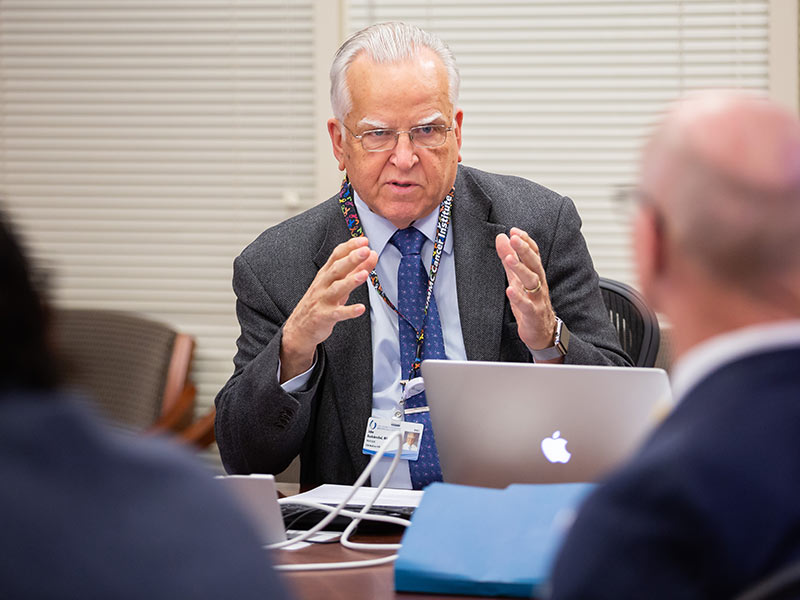 Dr. John Ruckdeschel, Cancer Institute director, leads an April 2018 meeting of the Clinical Leadership Council