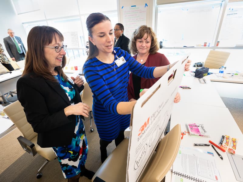 From left, Elizabeth Toony, Dr. Lisa Didion and Paula Henderson brainstorm during leadership training.