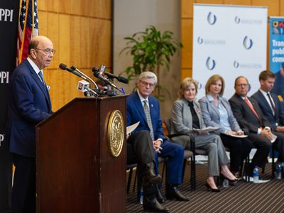 U.S. Department of Commerce Secretary Wilbur Ross speaks during a ceremony in which UMMC officials and FirstNet executives signed a memorandum of understanding to collaborate on technology for rural emergency medical response.