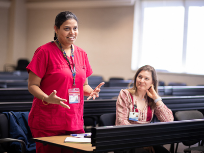 Valerie Plested, right, listens as Ramya Tata, gives her "elevator speech" during Preparing for Success class.