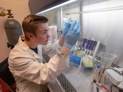 Murrah High School Junior and Base Pair student Evan Morrissey works in Dr. Stephen Stray's lab at UMMC.