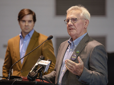 Ronnie Raggio, right, who received a liver transplant at UMMC in January 2018, talks about his experience. With him is his surgeon, Dr. Mark Earl.