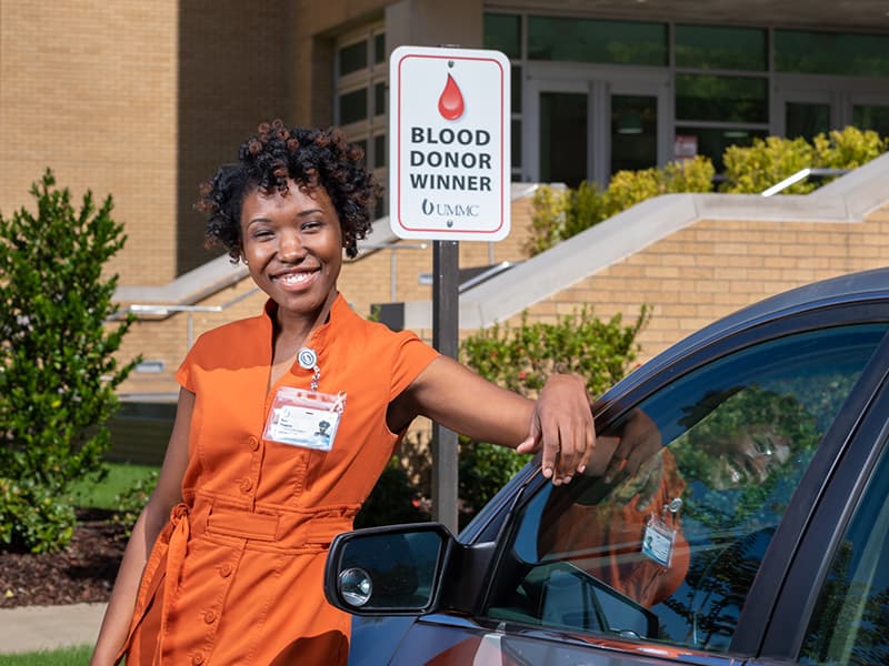 As the most recent quarterly winner of a campus parking space for participating in the Medical Center’s blood drive, Mary E. Thompson says she enjoys getting to park near the vice chancellor.