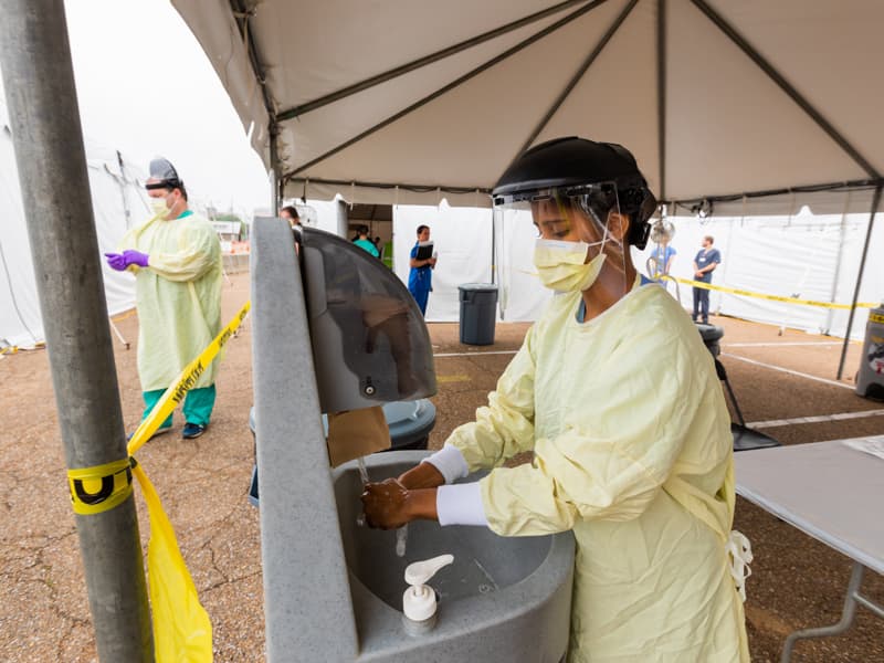 Ambika Srivastava, D4. a COVID-19 student response team leader, dons full PPE last week while at the fairgrounds testing site.