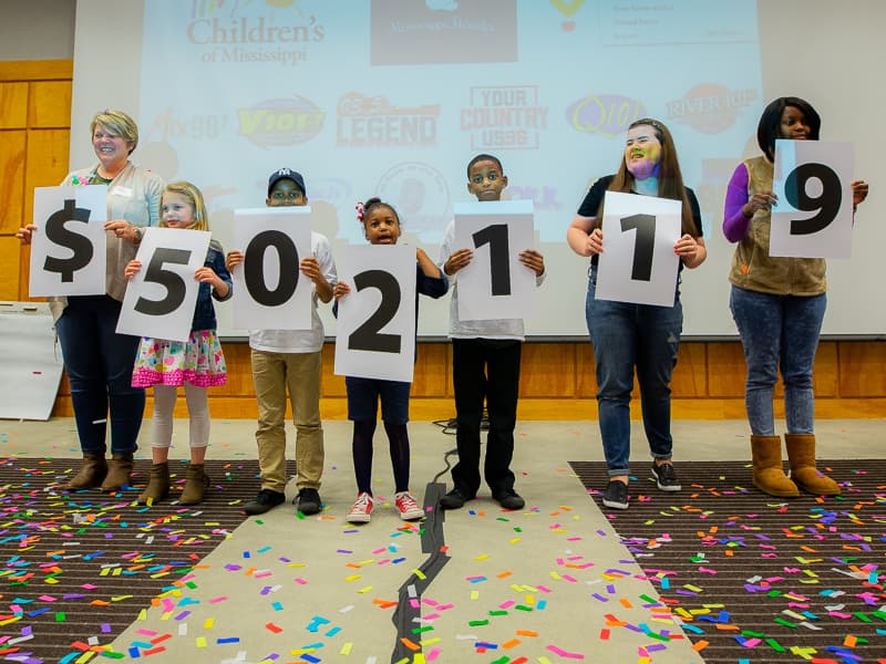 People holding signs displaying amount raised for Radiothon