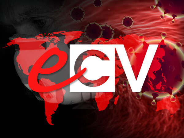 eCV logo with red flat map of the world, COVID-19 virus image in red and a screened image of man with face mask