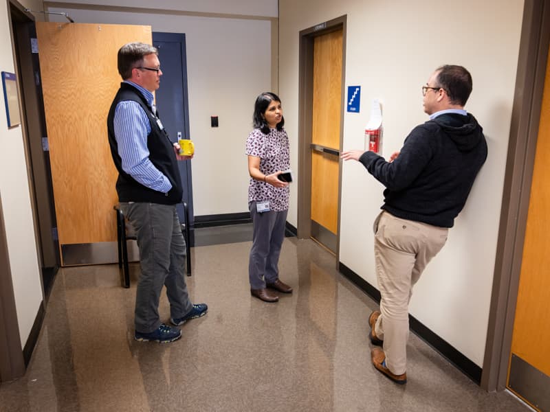 From left, Dr. Jason Parham, Dr. Bhagyashri Navalkele and Dr. Jose Lucar Lloveras are instrumental in the Division of Infectious Diseases' management of in-house COVID-19 testing at the University of Mississippi Medical Center.