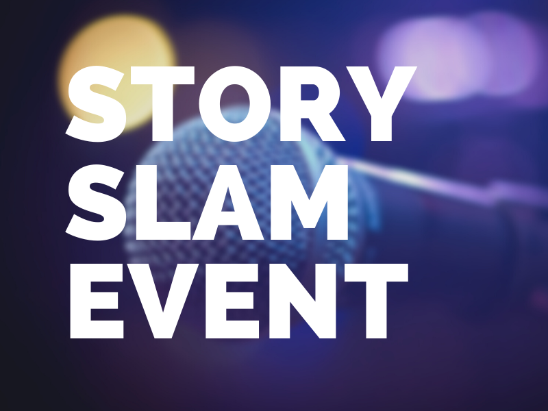 Photo of microphone with "Story Slam Event" in text