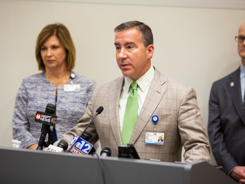 Kevin Cook, CEO of the University Health System, details readiness plans at the University of Mississippi Medical Center for the COVID-19 outbreak. With him are Dr. LouAnn Woodward, vice chancellor for health affairs and dean of the School of Medicine; and Dr. Charles O'Mara, associate vice chancellor for clinical affairs.