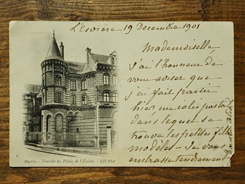 Wier's oldest card, written in French in 1901, reads in part, "Miss, I have the honor to advise you that I left yesterday," she translates.