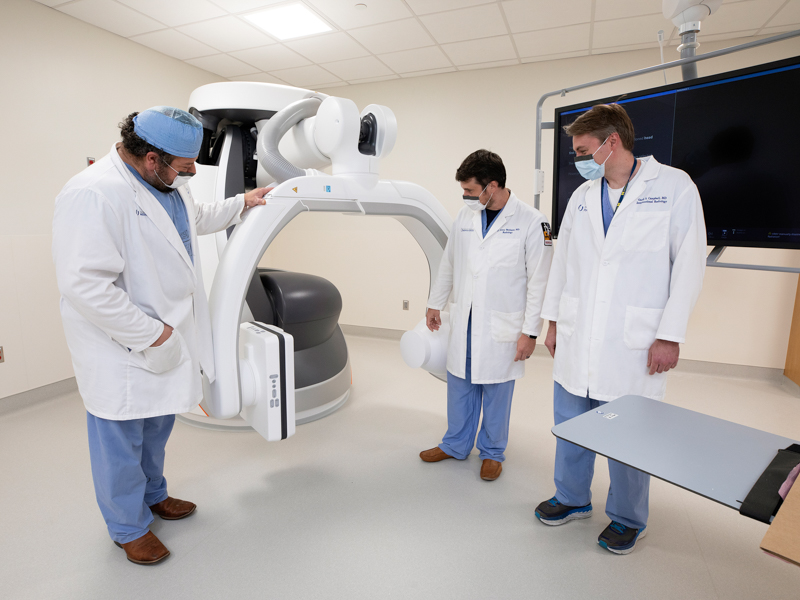 From left, interventional radiologists Dr. Mohammad Ali, Dr. J. Henry Williams and Dr. Garth Campbell will perform diagnostic and outpatient procedures in the Department of Radiology's new Interventional Radiology Suite.