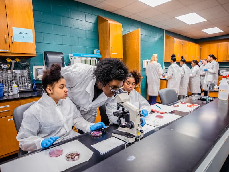 Aliyah King, an MLS graduate, demonstrates how to read gram stains and bacterial cultures.