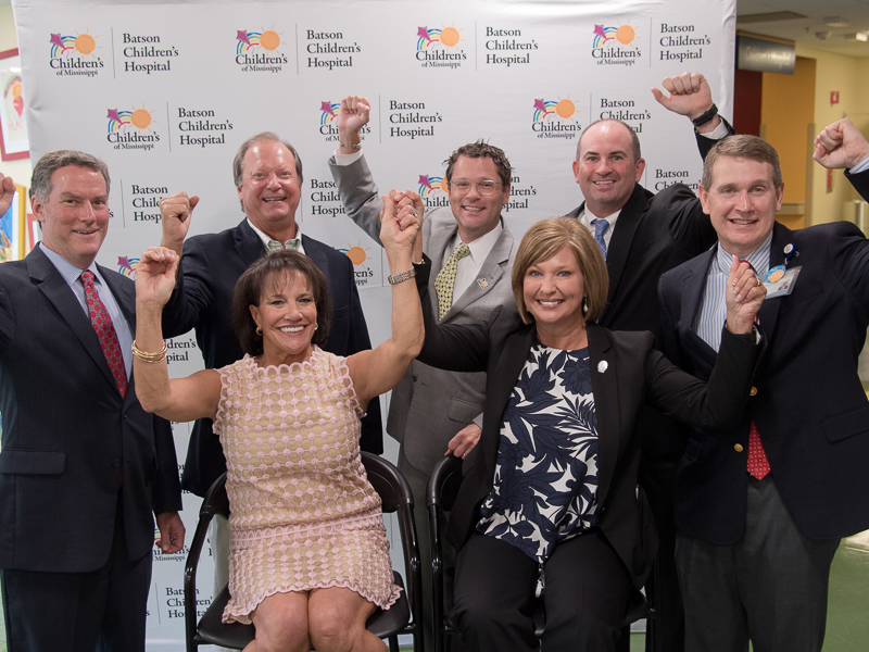 Celebrating the 2017 announcement of a $20 million pledge from Friends of Children’s Hospital are, seated, Friends board chair Sara Ray and Dr. LouAnn Woodward, vice chancellor for health affairs and dean of the School of Medicine; and, standing, from left, then-pediatrics chair Dr. Rick Barr, board member Sidney Allen, board president Rob Armour, board member Bruce Leach and Children's of Mississippi CEO Guy Giesecke.