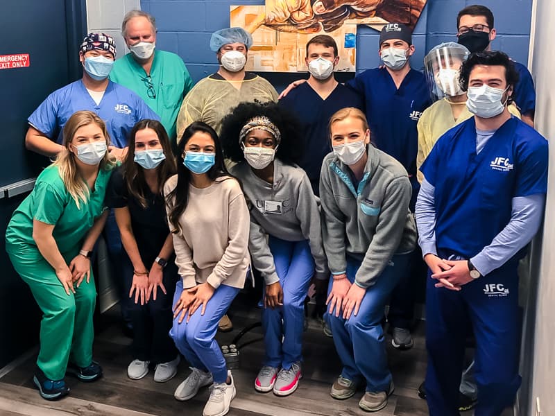 School of Dentistry students and volunteers at the Jackson Free Clinic include, front from left, Katelyn Allen, Kara Cook, Reema Patel, Lakymberya Buckner, Elisabeth Sinclair, Laden Hajje; and back row, from left, Cedar Baik, Dr. George May, Brian McCollough, Hayden Coffrey, Collin Peterson, Lucas Bishop and Jack Cutrer.