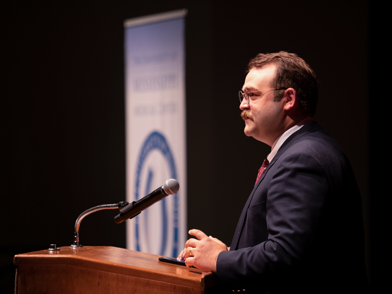 Peyton Thigpen, senior class president, welcomes students to Match Day shortly before revealing his match at UMMC in psychiatry/child-adult psychiatry.