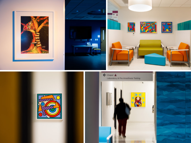 In and around the Kathy and Joe Sanderson Tower at Children’s of Mississippi, paintings by Mississippi artists including Shelley Ozbirn, upper left; Brian Wilson, upper right and center left, seen in the tower’s Bob Bird Waiting Area; Robin Martea, center right