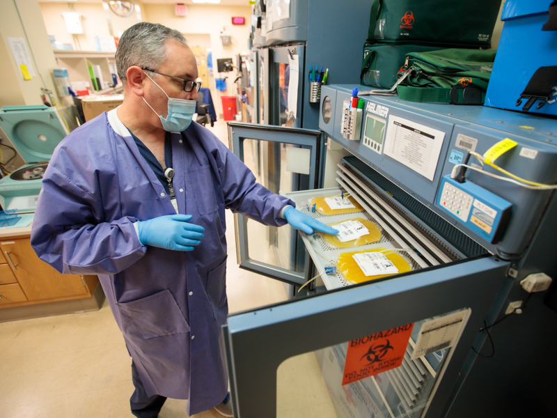 Vince Morton, medical technologist, checks the inventory of platelets stored at UMMC's blood bank.