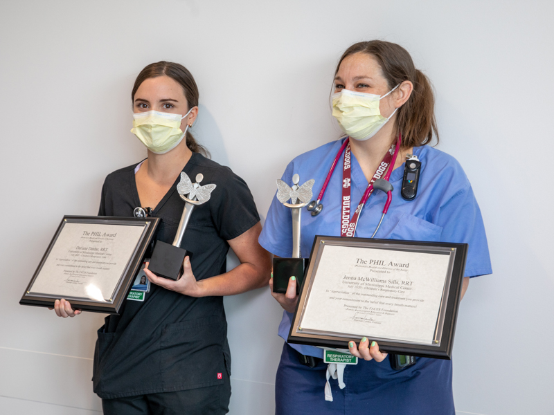 Dariane Dardar, left, and Jenna McWilliams Sills are Children’s of Mississippi’s PHIL Award winners for 2021 and 2020, respectively.