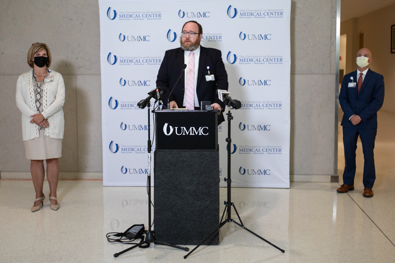 UMMC Chief Administrative Officer Dr. Jonathan Wilson, center, discusses a federally staffed field hospital to be set up inside the Medical Center's parking garage B. He's joined by Dr. LouAnn Woodward, vice chancellor for health affairs and dean of the School of Medicine; and Dr. Alan Jones, associate vice chancellor for clinical affairs.