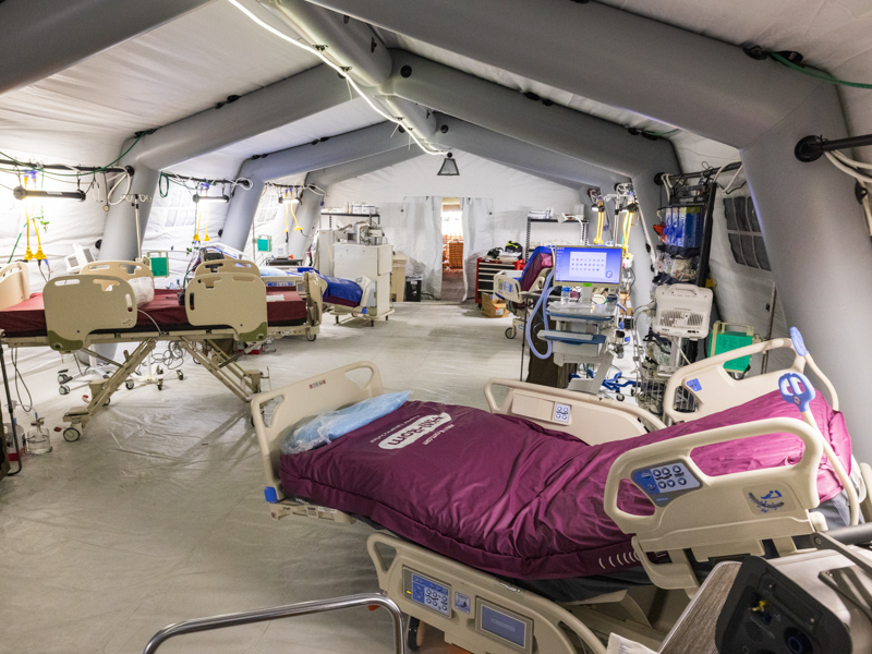 Inside a Samaritan's Purse field hospital tent, hospital beds, medical equipment and supplies stand ready for care.