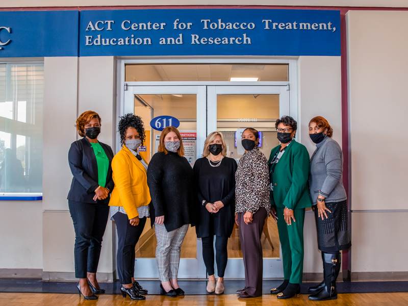The ACT Center team uses counseling and medication treatment to help patients quit tobacco products. The team includes, from left, Anastasia Smith-McEwen, senior tobacco treatment counselor; Sharon Bell, senior tobacco treatment counselor; Brittany Tichenor, senior tobacco treatment counselor; Dr. Karen Crews, ACT Center director; Jeanette Wilson, administrative assistant; Debbra Hunter, director of clinical operations; and Kathy Banks, administrative assistant.