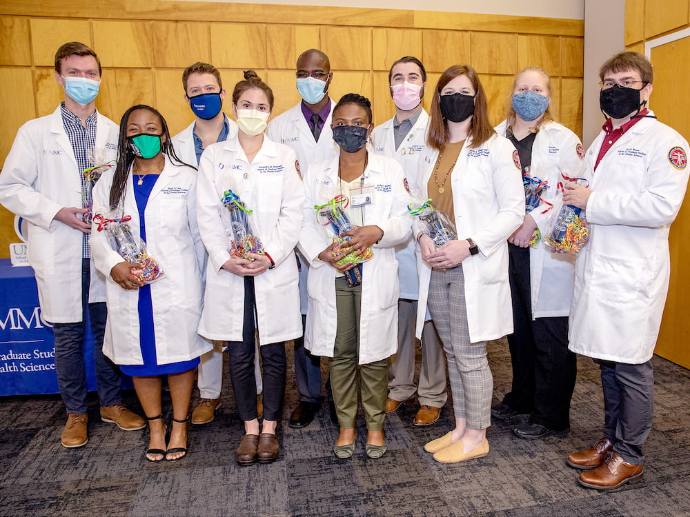 Ten PhD students won awards for their poster presentations at the 2021 Research Day. They are, front row: Mary Carr, Alexandra Huffman, Bridget Konadu and Sarah Fitzgerald; back row: John Aaron Howell, Owen Herrock, Adesanya Akinleye, Andrew Ferriby, Shannon Curran and Jacob Pruett.