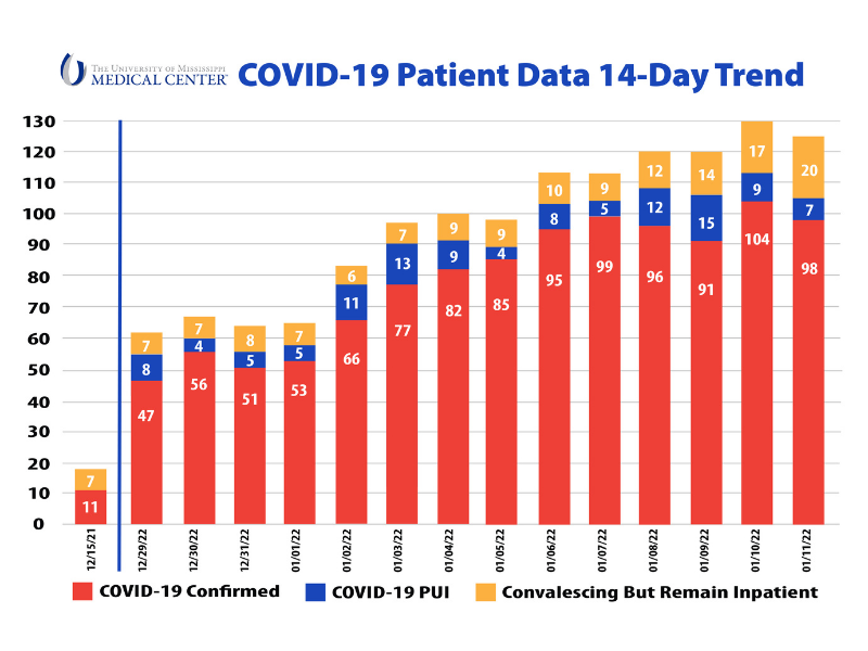 The number of COVID-19 patients at the University of Mississippi Medical Center has steadily risen over a 14-day period.