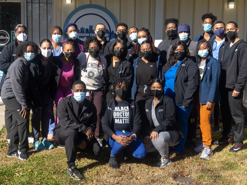 Representing a majority of the membership of the Black Representation in Medicine group are, back row, from left: Mia McFadden (M1), Angelica Smith (enrolled in the School of Graduate Studies in the Health Sciences), Jaharah Muhammad (M1), Connor Bluntson (M2), Jordan Maury (M3), Chad Ross (M4), Robert Tatum Jr. (M3), Aaron Winters (a second-year student in the School of Dentistry), Gregory Wilson (M3), Eric Lucas Jr. (M2) and Kenyatta Poe (M2); middle row, from left: Kymberlee Evans (M2), Marissa Anderson (M1), Keauna Hilton (M2), Jayla Mondy (M1), Aurielle Fowler (M1), Haley Williams (M1), Jasmine Ware (M1) and Taylor Christian (M4); front row, from left: Akeelein "A.J." Forrest (M2), Hali Peterson (M3) and Hannah Glenn (M2).