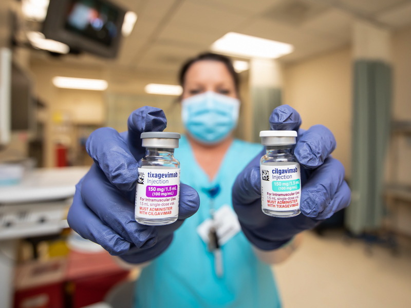 UMMC Cancer Center and Research Institute Oncology Registered Nurse Christy Perrigin unpacks two vials of Evusheld