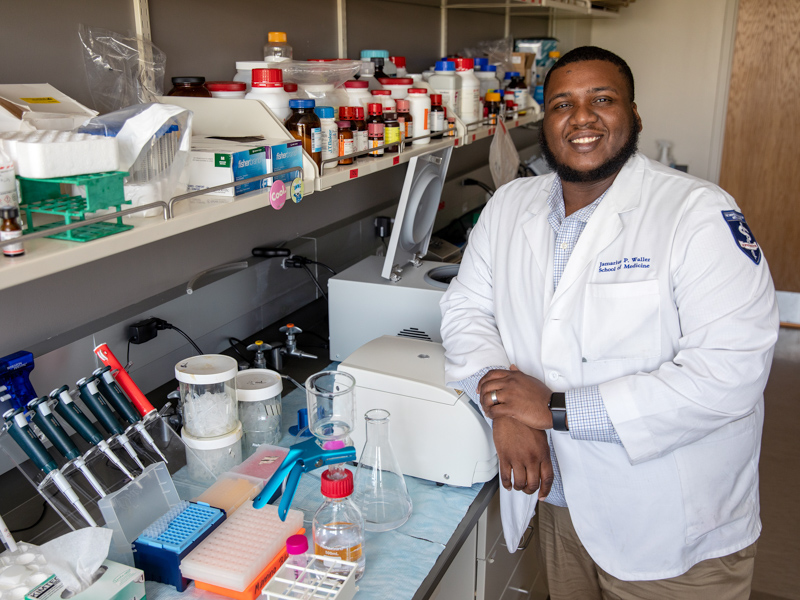 Jamarius Waller will graduate from the SGSHS and SOM this May with an MD and a PhD. This summer, he starts residency at Emory University's internal medicine-research track. Jay Ferchaud/ UMMC Communications