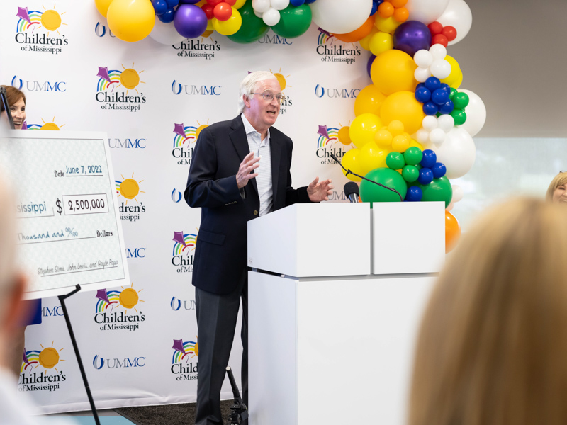 Stephen Sims, director of the Gertrude C. Ford Foundation, tells news conference attendees about the foundation's support of the state's only children's hospital. Melanie Thortis/ UMMC Communications 