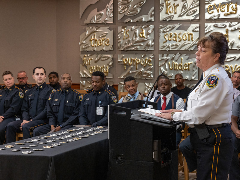Mary Paradis, chief of the UMMC Police and Public Safety Department, thanks officers and emergency responders for running into harm's way, not away from it. Jay Ferchaud/ UMMC Communications 