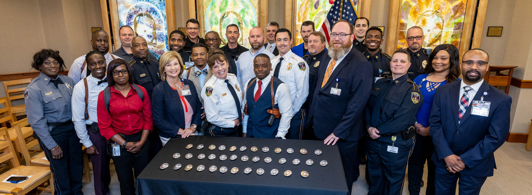 A number of UMMC police and security officers and staff from the Mississippi Center for Emergency Services were on hand Sept. 1 for the Blessing of the Badges ceremony at the University Hospital Chapel. Jay Ferchaud/ UMMC Communications