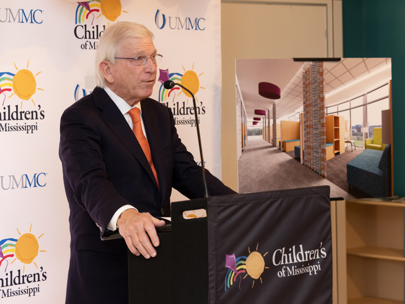 Jim Coggin, who, along with wife Pat, has donated $1.5 million toward renovations at the Center for Cancer and Blood Disorders, speaks during the announcement of the project. Jay Ferchaud/ UMMC Communications 