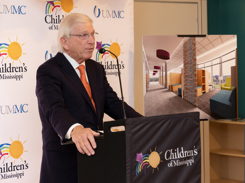 Jim Coggin, who, along with wife Pat, has donated $1.5 million toward renovations at the Center for Cancer and Blood Disorders, speaks during the announcement of the project. Jay Ferchaud/ UMMC Communications