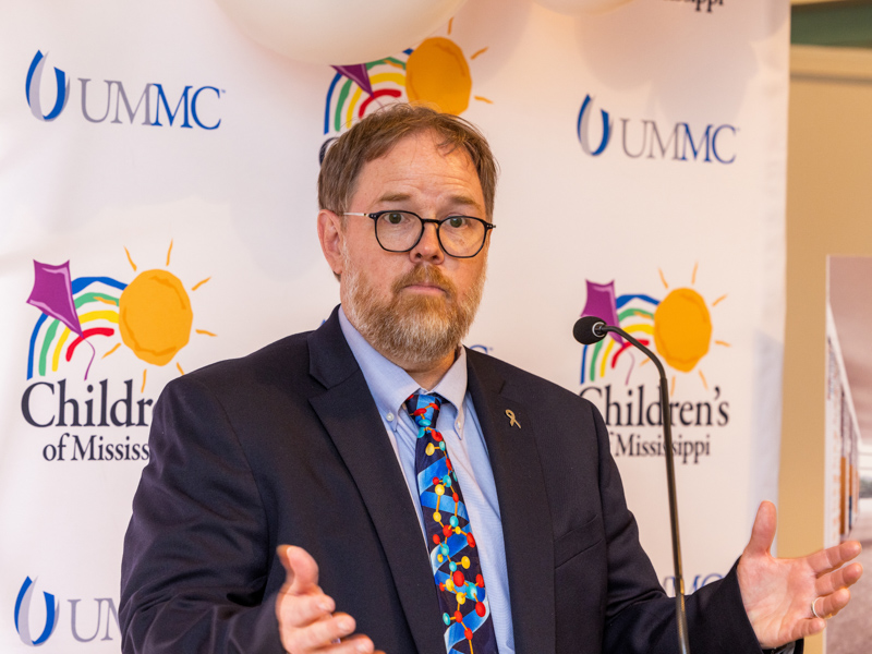 Dr. Anderson Collier, director of the Division of Pediatric Hematology and Oncology and the Center for Cancer and Blood Disorders and D. Jeanette Pullen Chair of Pediatric Hematology and Oncology, speaks during the announcement of renovations at the center. Jay Ferchaud/ UMMC Communications
