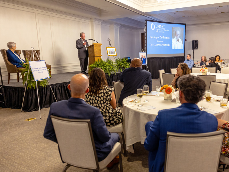 Dr. Rodney Meeks addresses an audience of around 200 colleagues, family members and friends following the announcement of the endowed chair named for him and Dr. Sara Meeks.